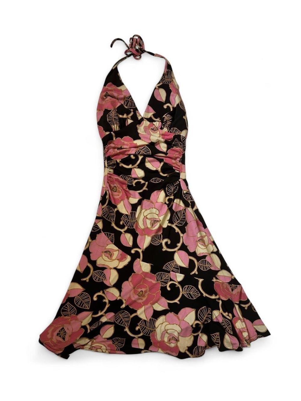 City Triangles y2k Halter Floral A-Line Dress with Pink and Cream Blooms